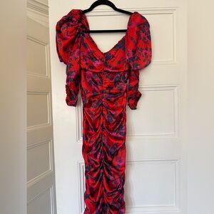 For Love and Lemons Red Floral Ruched Midi Dress with Puff Sleeves